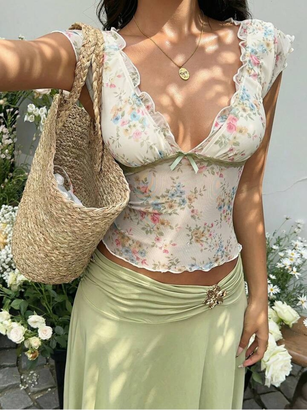 Cream Floral Ruffle V-Neck Top with Light Green Skirt - Picture 3 of 6